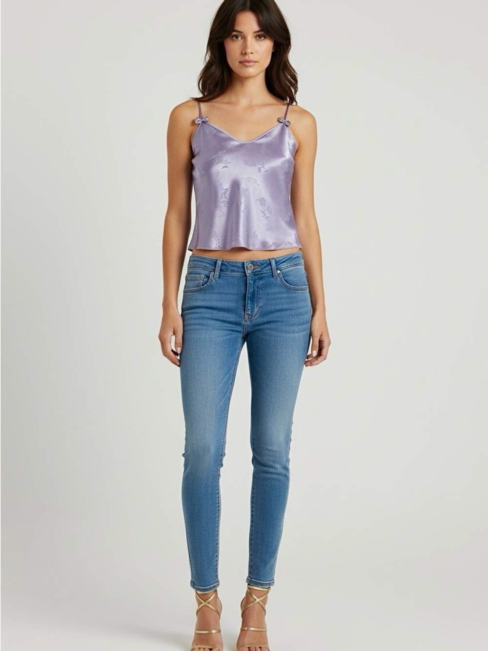 90s Lavender Satin Cami Floral Jacquard Slip Top | XS S